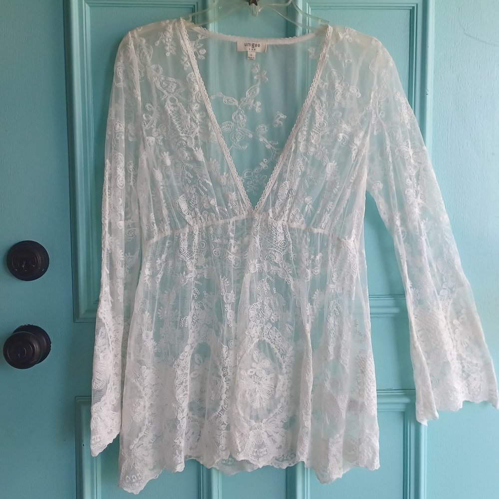 Umgee sheer floral lace embroidered v-neck flared sleeves beach cover up